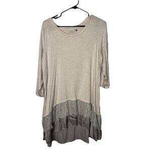 LOGO by Lori Goldstein Cream Top Sz 1X Women's Lace Satin Ruffle Hem Tunic Boho